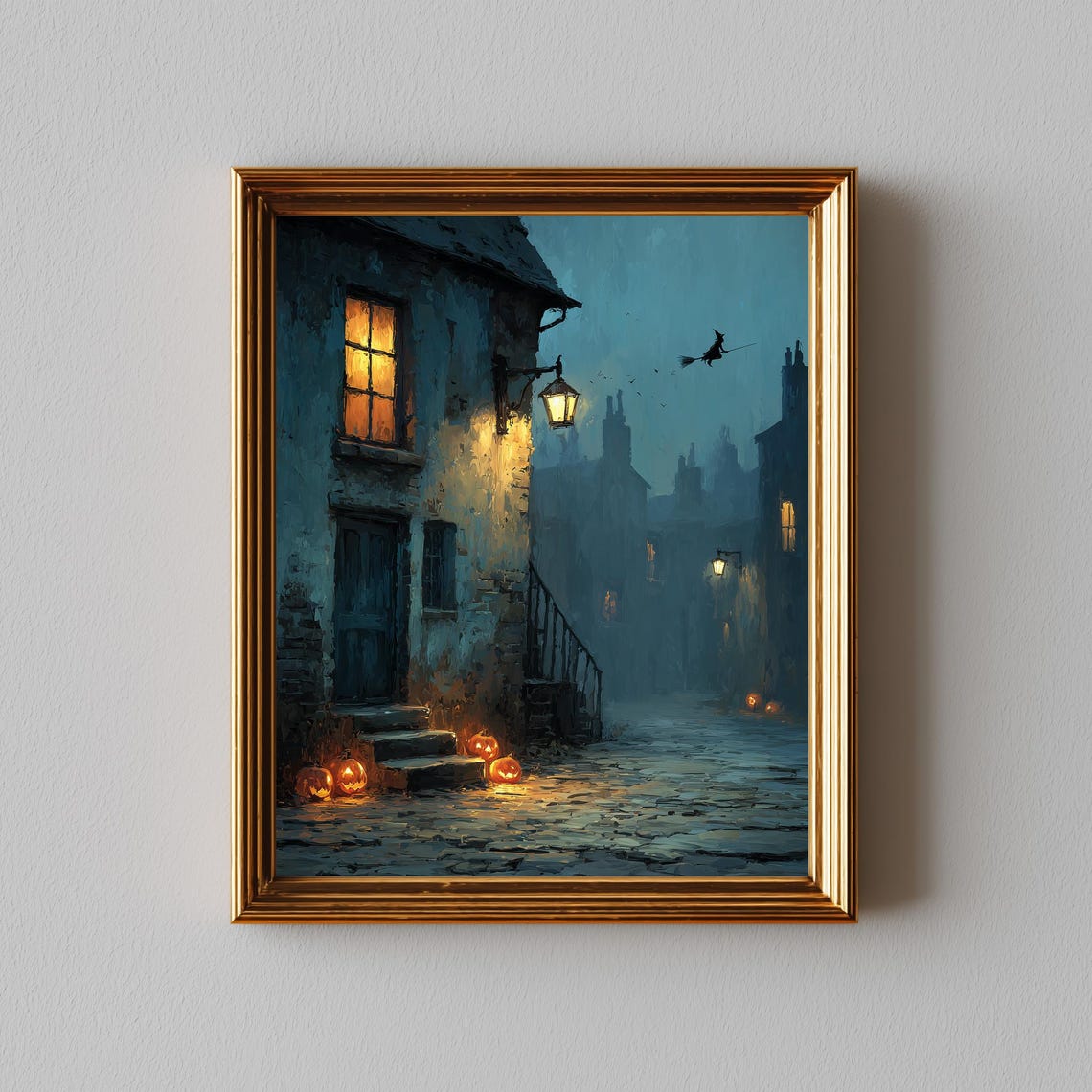 Halloween Street Witch Flying Jack O Lanterns Night Oil Poster