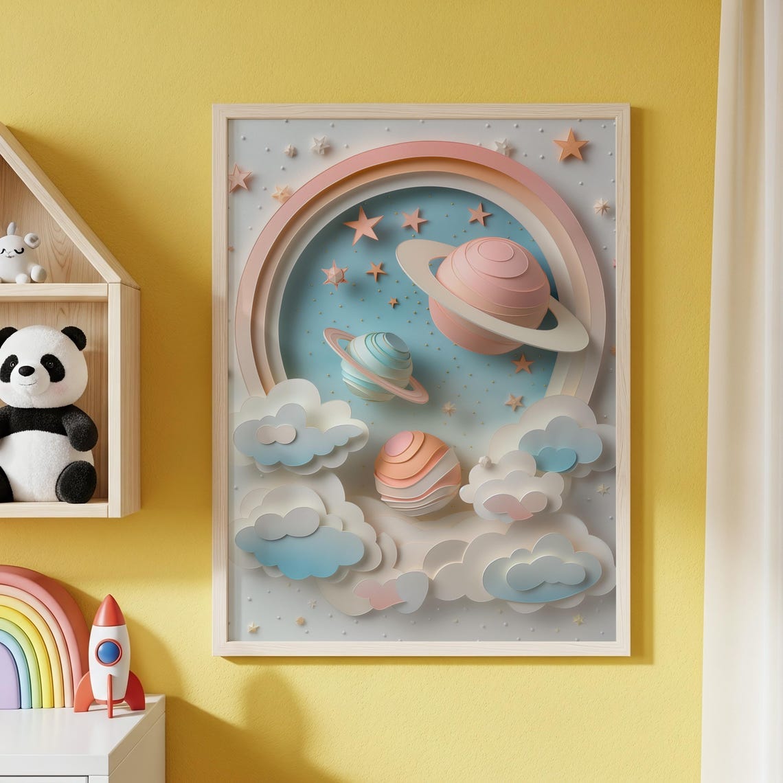 Pastel Space Art Saturn And Planets In Layered Shadowbox Style Whimsical Nursery Decor Kids Room Wall Celestial Print 243
