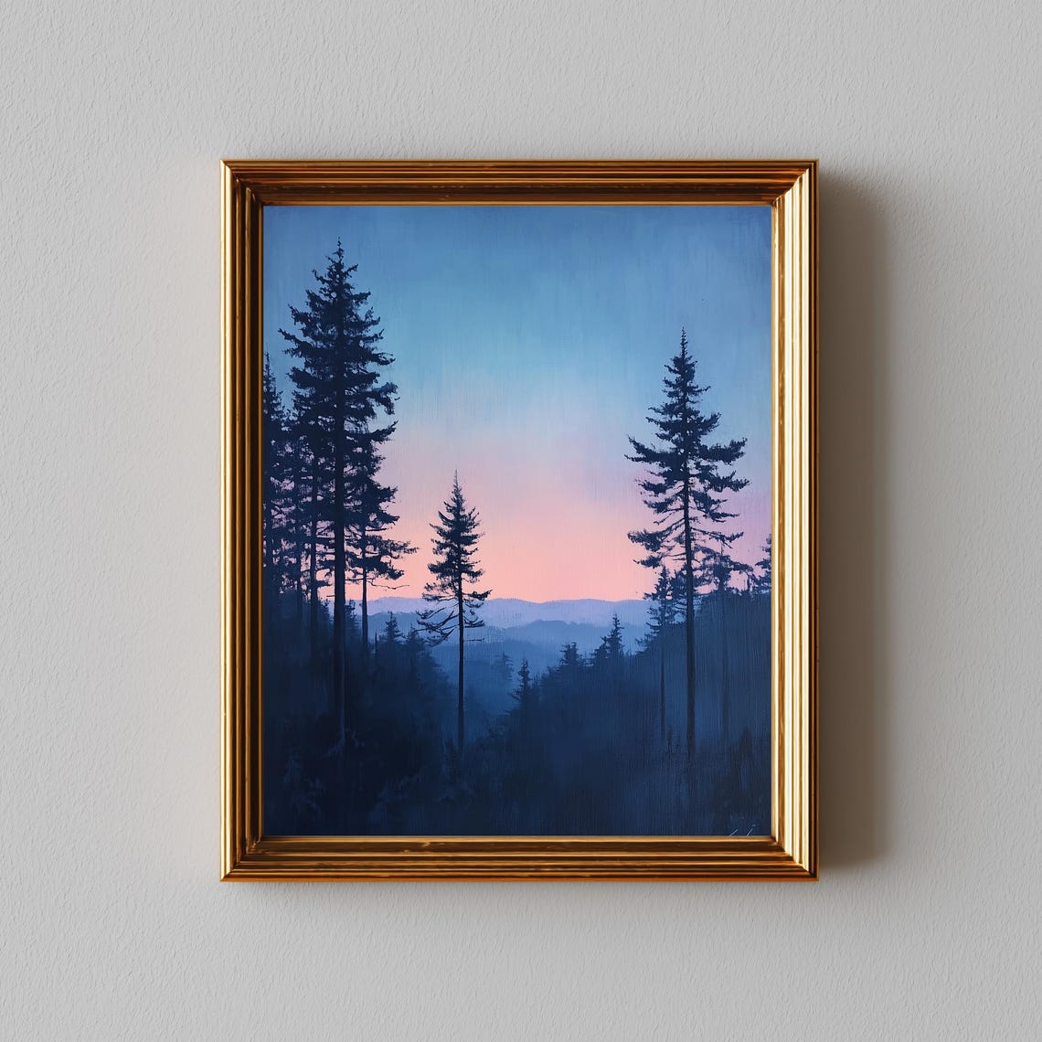 Moody Pine Tree Silhouettes At Dusk Serene Minimalist Landscape Painting Nature Wall Art Peach Blue Gradient Sky 294