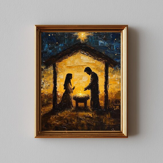 Moody Nativity Scene Impasto Painting with Glowing Stable and Star Poster