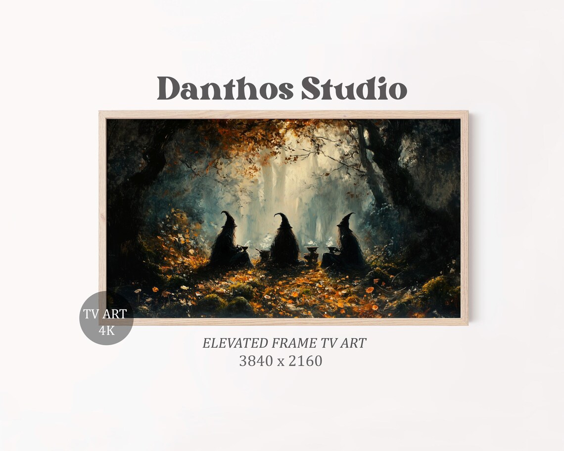 Three Witches With Cauldrons In Dark Misty Autumn Forest Poster