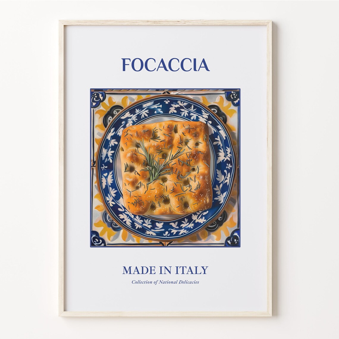 Focaccia Italy Rosemary Bread Blue Ceramic Plate Kitchen Poster