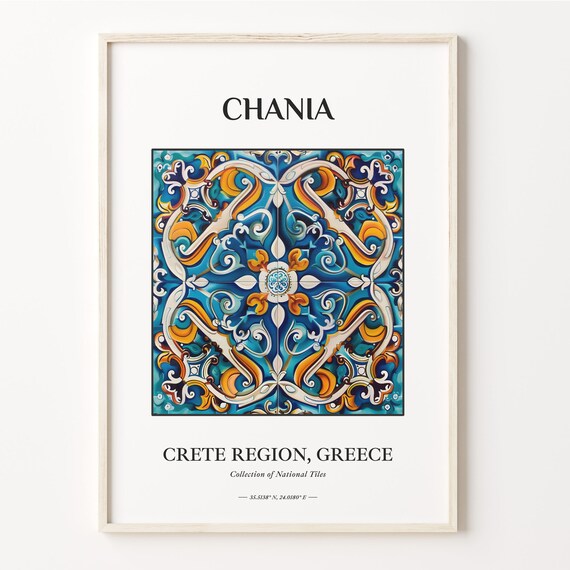Chania Crete Greece Blue Gold Baroque National Tile Pattern Poster