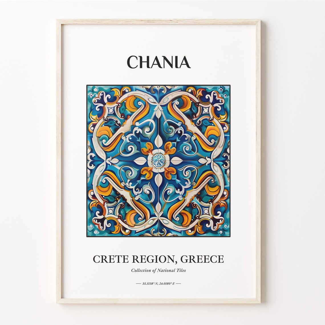 Chania Crete Greece Blue Gold Baroque National Tile Pattern Poster