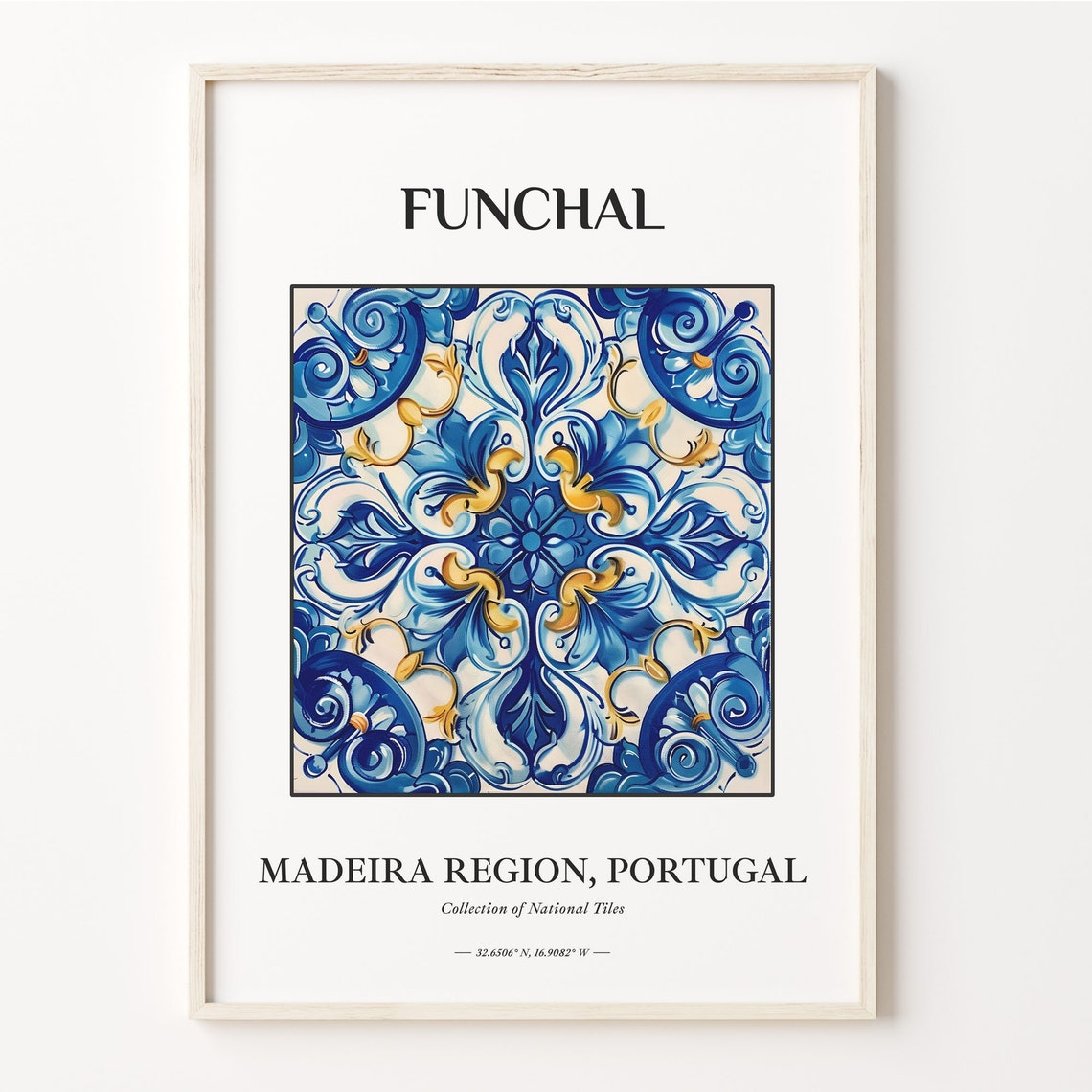 Funchal Madeira Portugal Blue White Gold Azulejo Tile Art Decor Poster