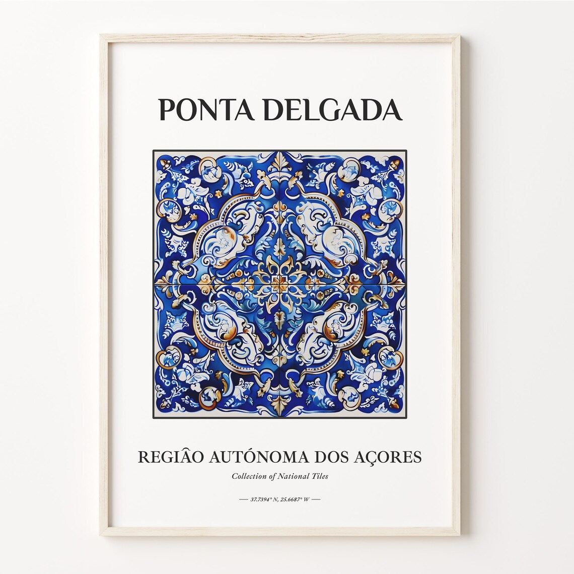 Ponta Delgada Azores Portugal Blue White Tile Art Travel Poster