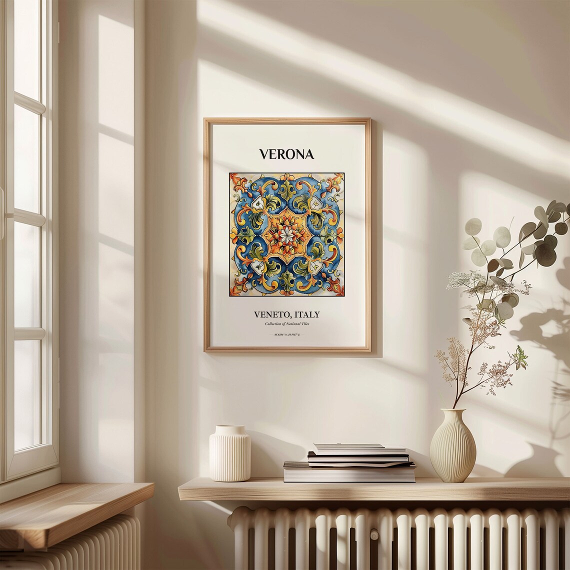 Verona Veneto Italy Blue Orange Floral Medallion Tile Art Poster - Image 3