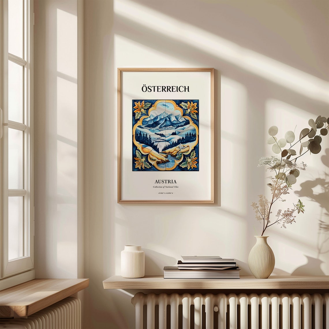 Austria Alpine Snow Mountain Tile Art Golden Floral Frame Poster - Image 3