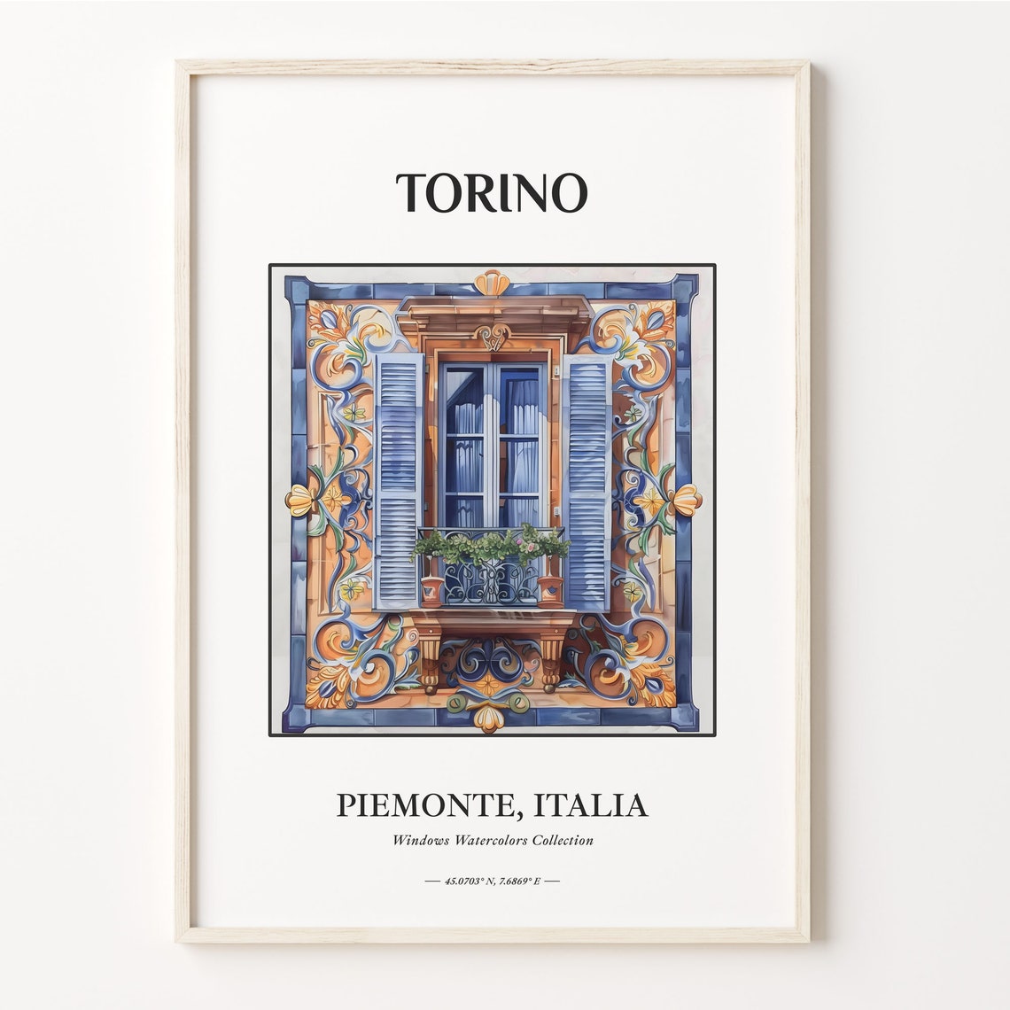 Torino Piemonte Italy Tiled Shutter Window Watercolor Art Poster