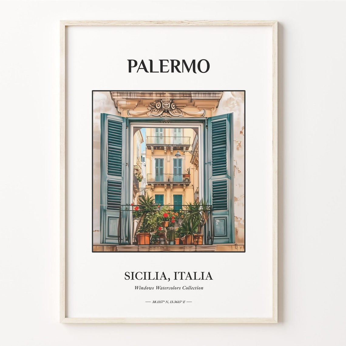 Palermo Italy Watercolor Window Teal Shutters Balcony Art Poster