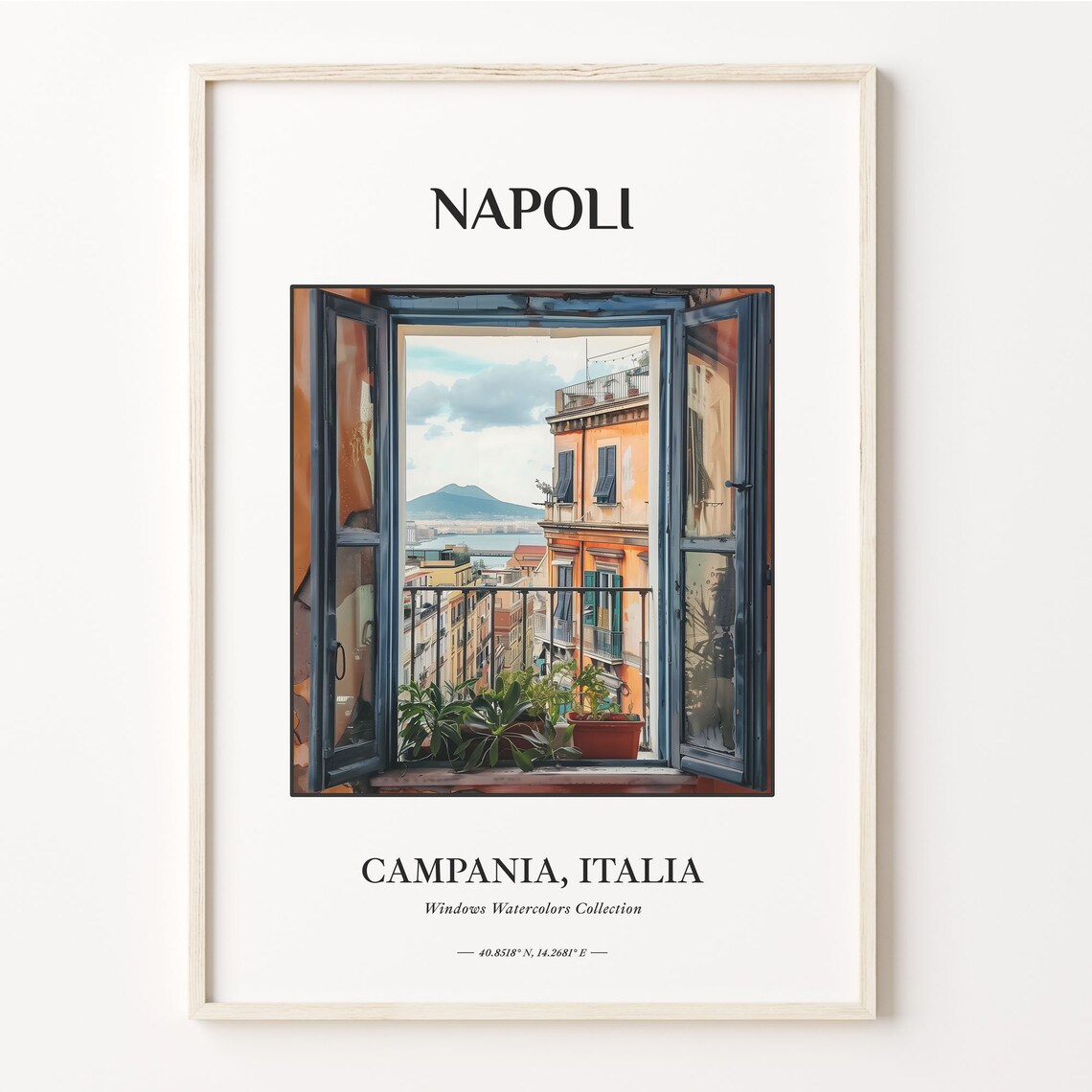 Napoli Italy Watercolor Window View Vesuvius Bay Art Travel Poster