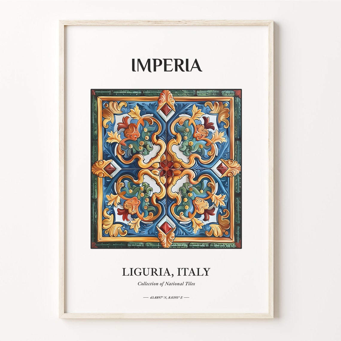 Imperia Liguria Italy Blue Gold Diamond Scroll Tile Art Decor Poster
