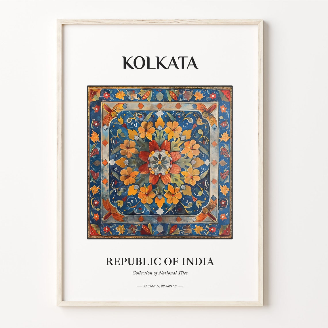 Kolkata India Golden Floral Mandala Deep Blue Tile Panel Art Poster