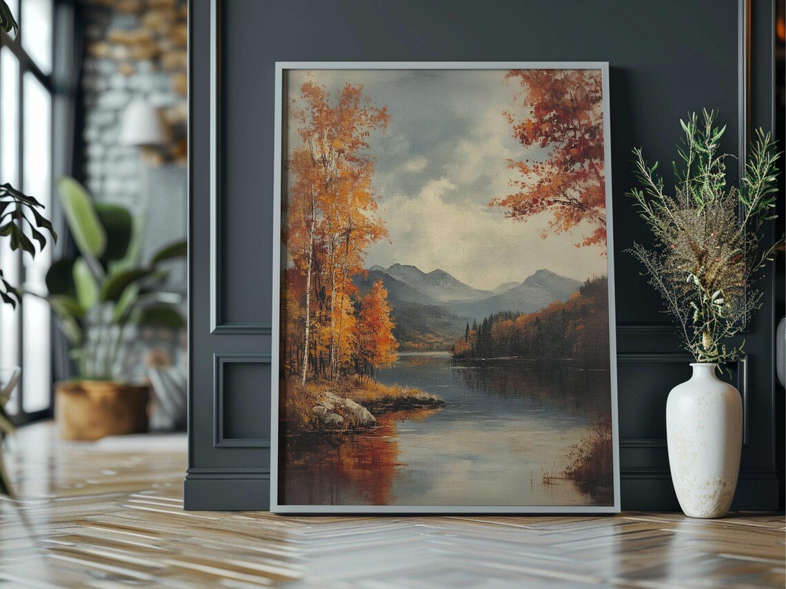 Autumn Mountain Lake Landscape Fall Foliage Vintage Nature Wall Art - Image 3