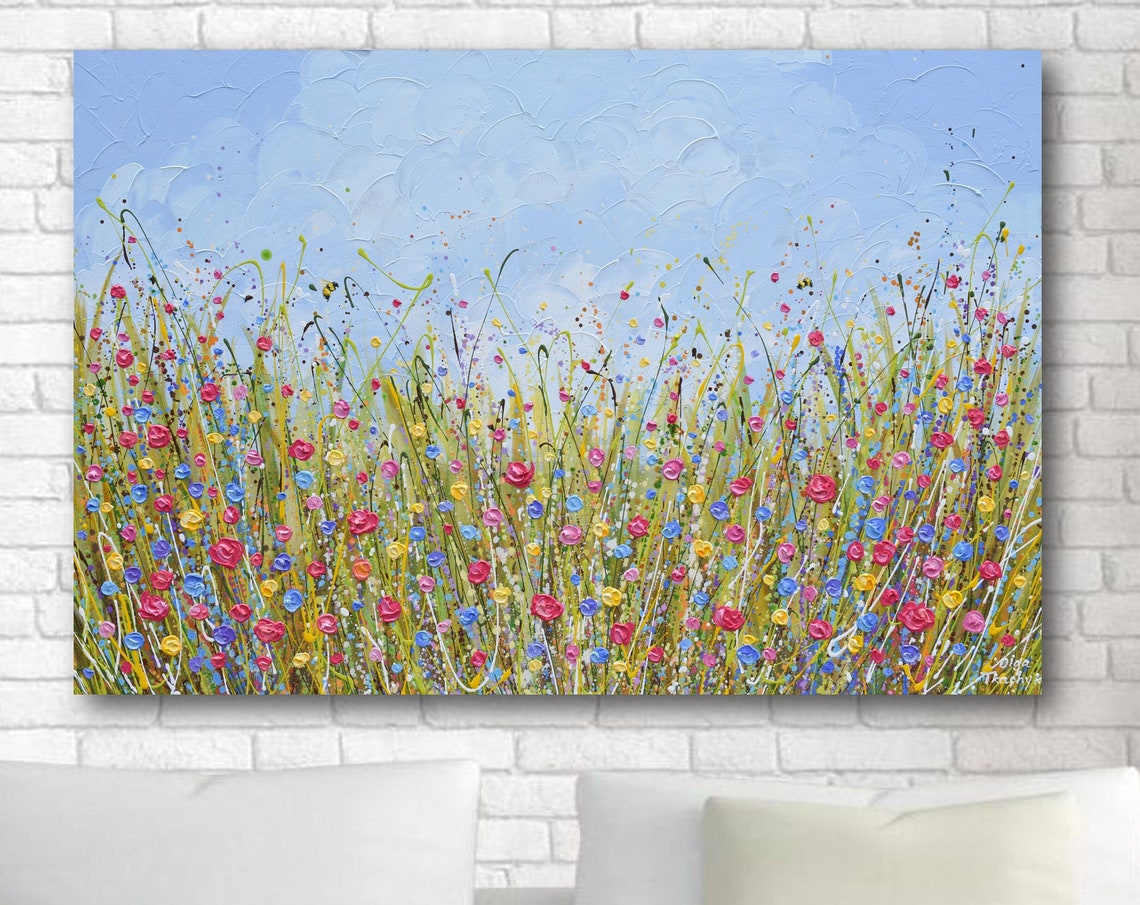 Pink Red Blue Wildflower Field Textured Sky Panoramic Art Print