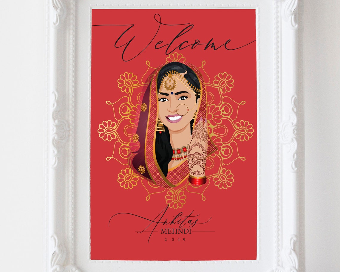 Mehndi Welcome Signage Hindu Bride Illustration Personal Portrait Drawing