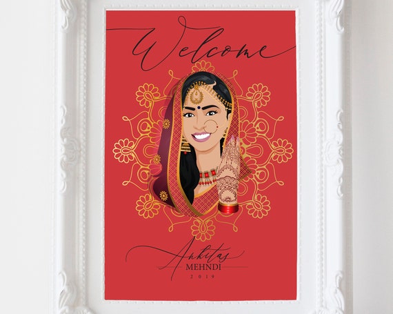 Mehndi Welcome Signage Hindu Bride Illustration Personal Portrait Drawing