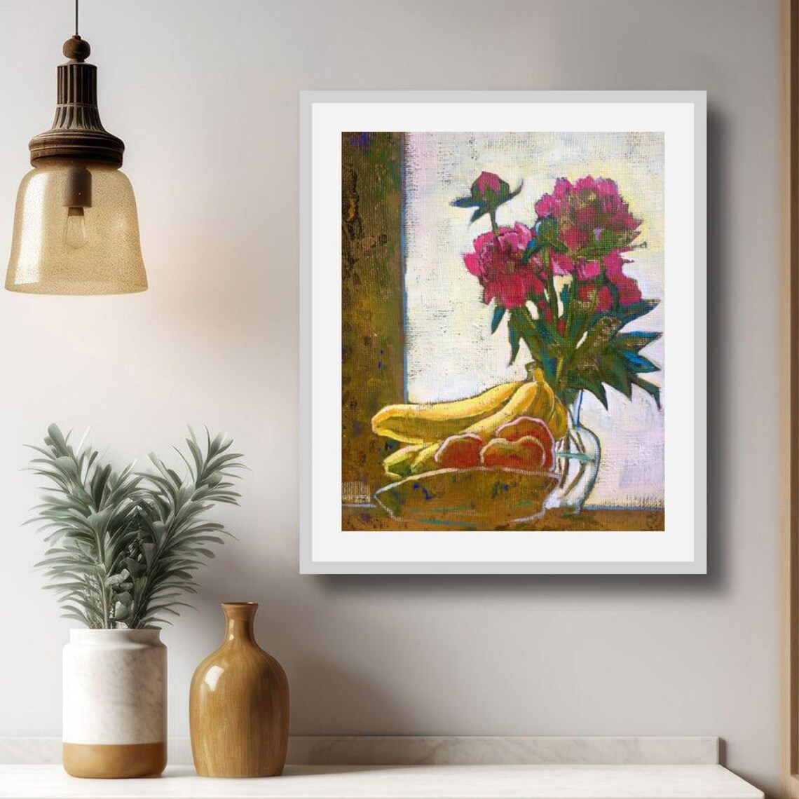 Magenta Peonies With Bananas And Apples Bright Still Life Painting Poster
