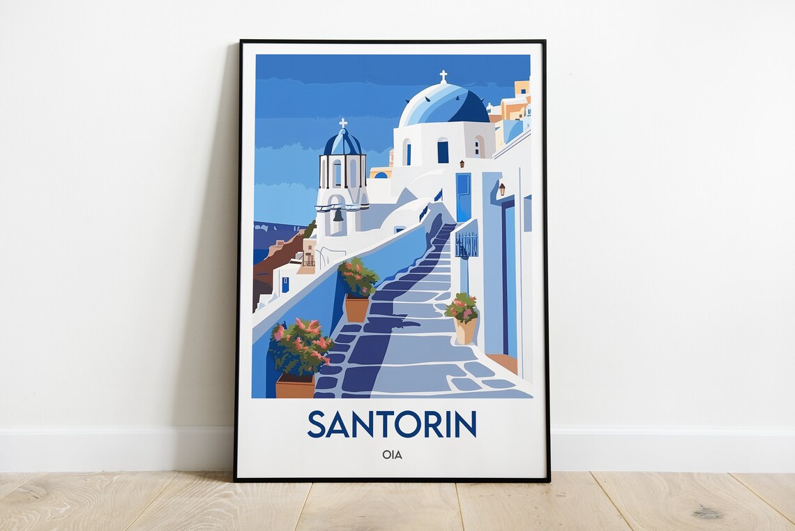 Santorin Oia Blue Domed Stairs and Potted Flowers Classic Poster
