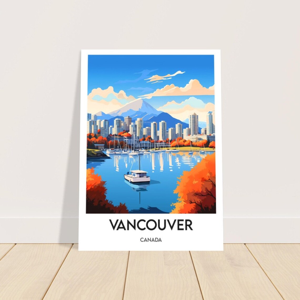 Vancouver Canada Autumn Marina Skyline Mountain Travel Poster - Image 2