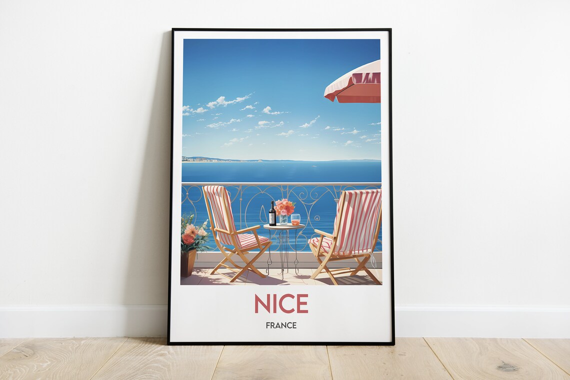 Nice France Riviera Balcony Sea View Minimalist Travel Poster