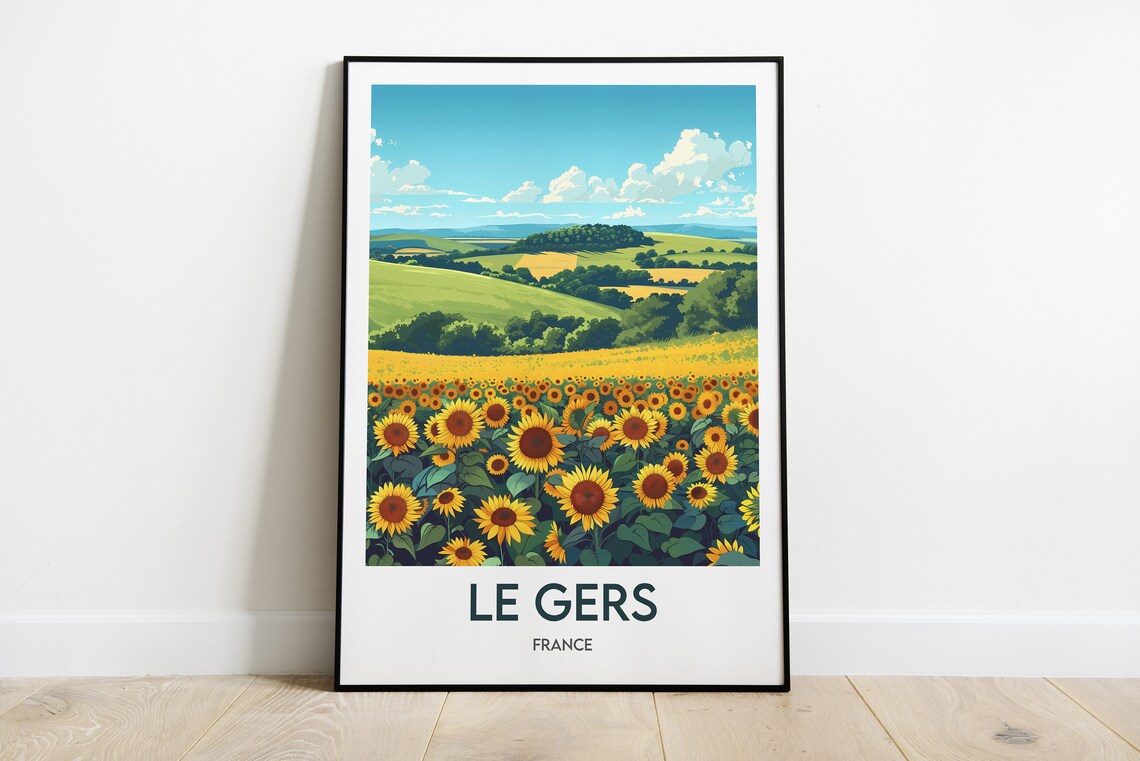 Le Gers France Sunflower Fields Under Blue Summer Sky Poster