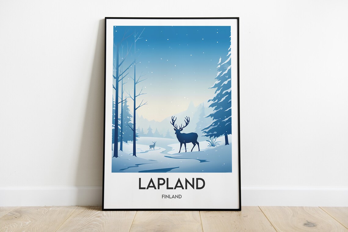 Lapland Finland Reindeer Snowy Forest Starry Night Travel Poster