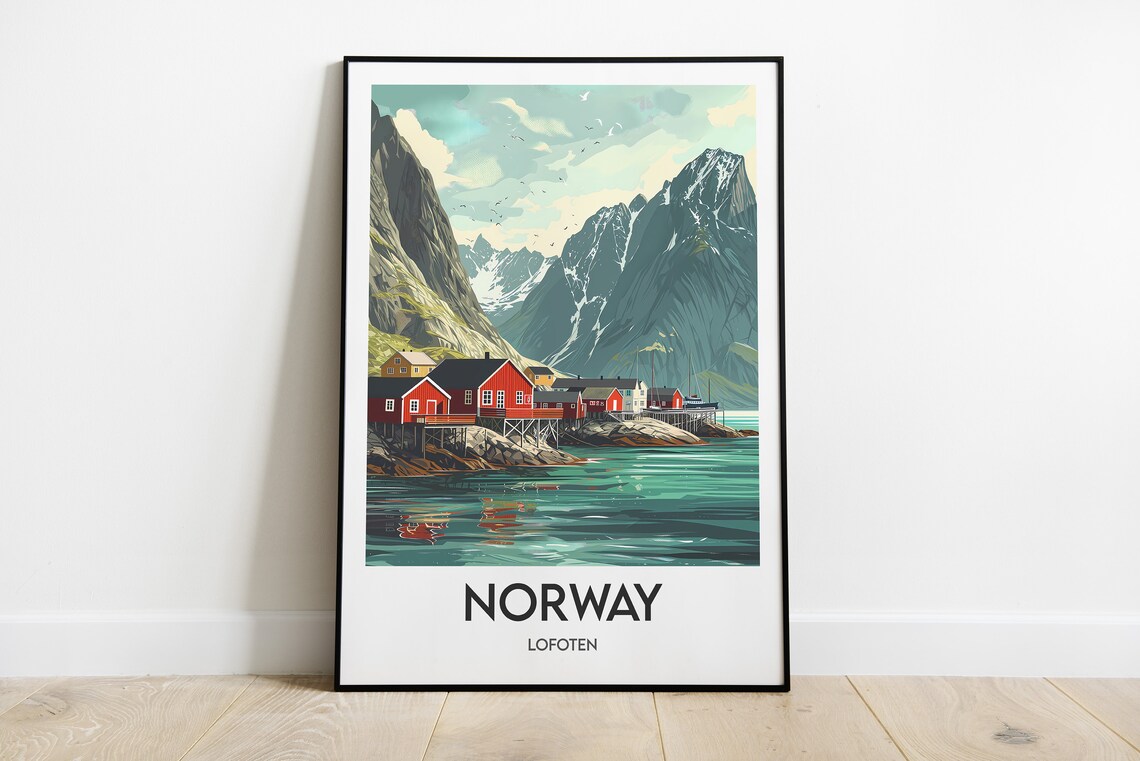 Norway Lofoten Red Rorbu Cabins Arctic Fjord Village Travel Poster