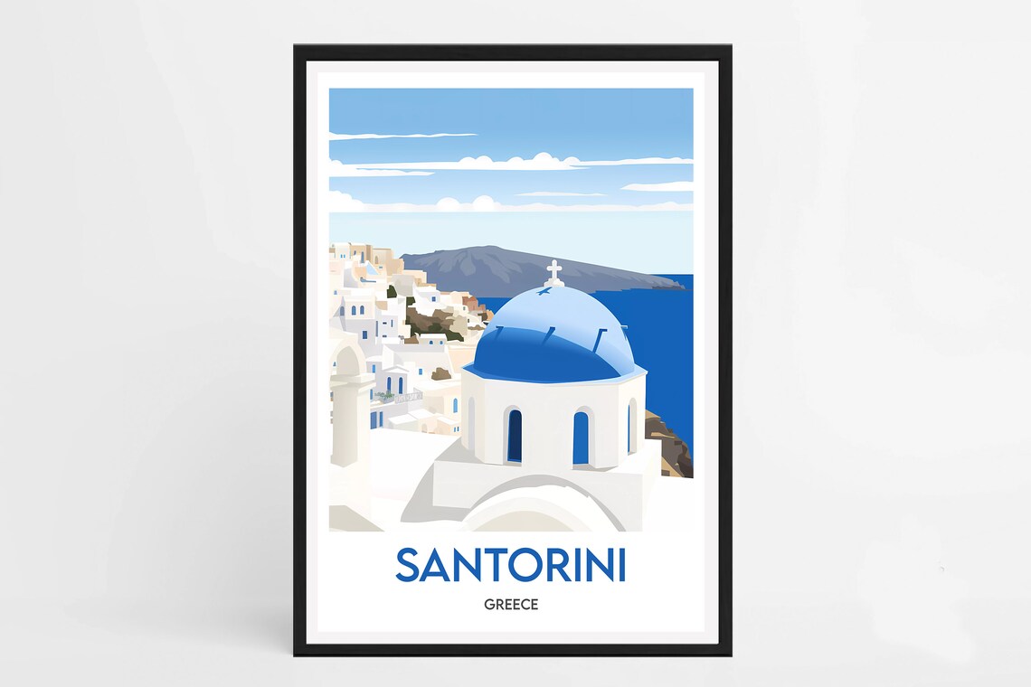 Santorini Greece Blue Dome Church Whitewashed Town Travel Poster