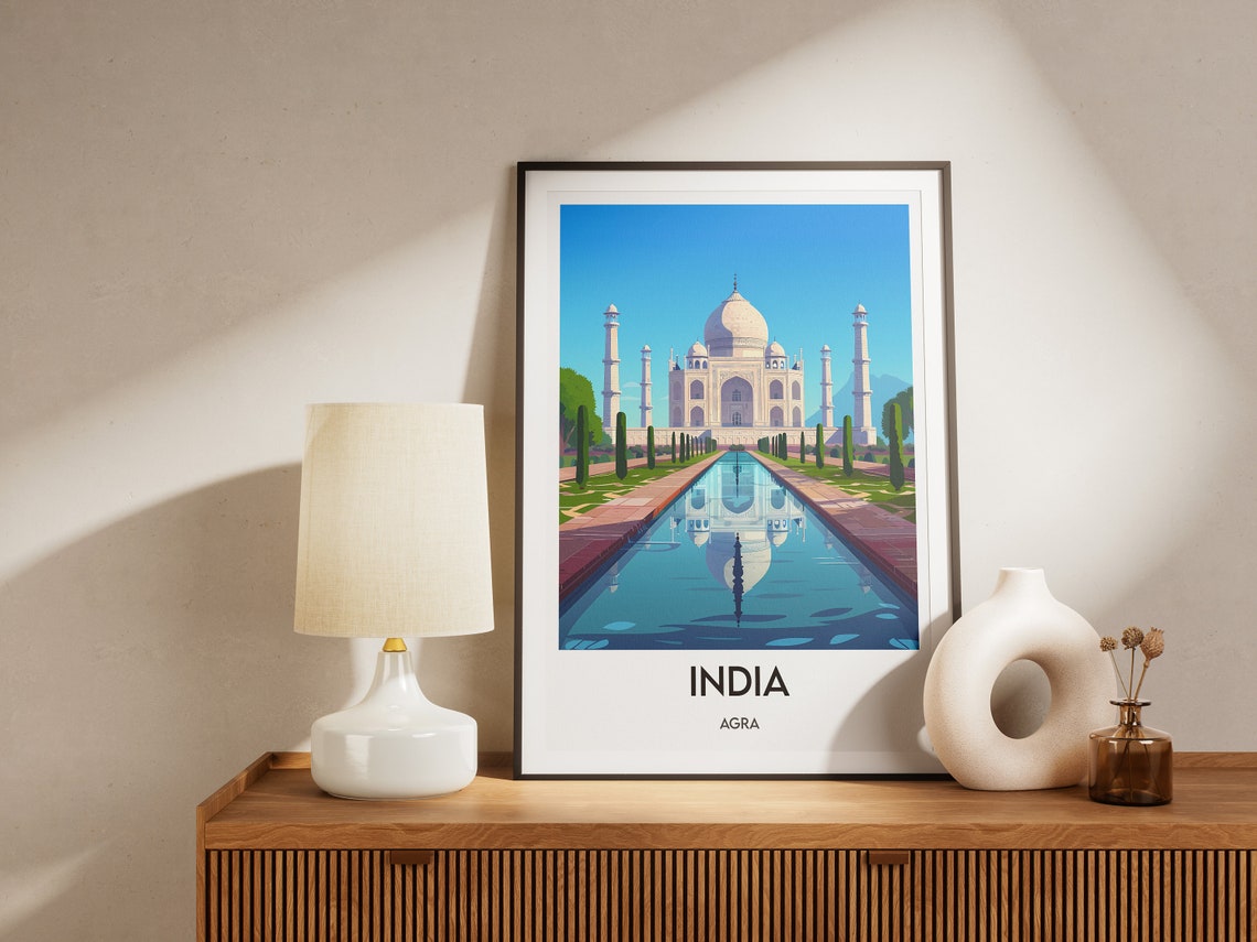 Taj Mahal Agra India Reflecting Pool White Marble Travel Poster - Image 2