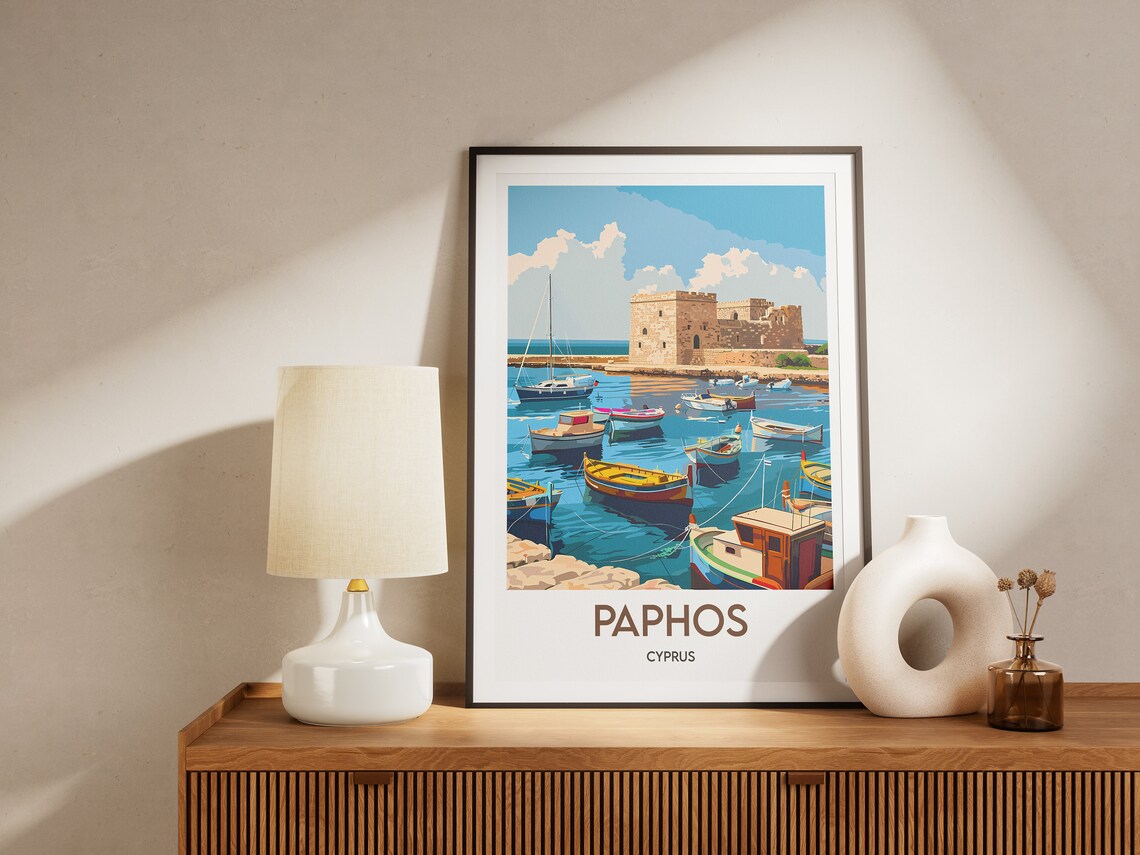 Paphos Harbor Castle Colorful Fishing Boats Cyprus Travel Poster - Image 2