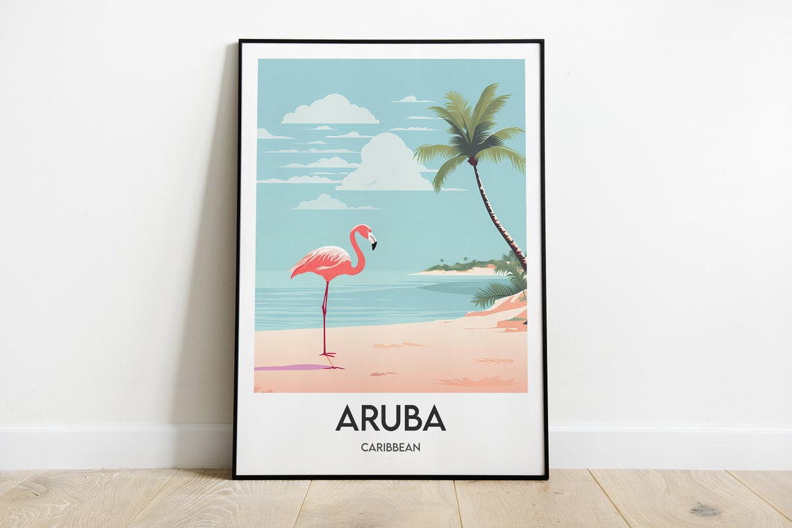 Aruba Caribbean Flamingo Palm Beach Pastel Sunset Travel Poster