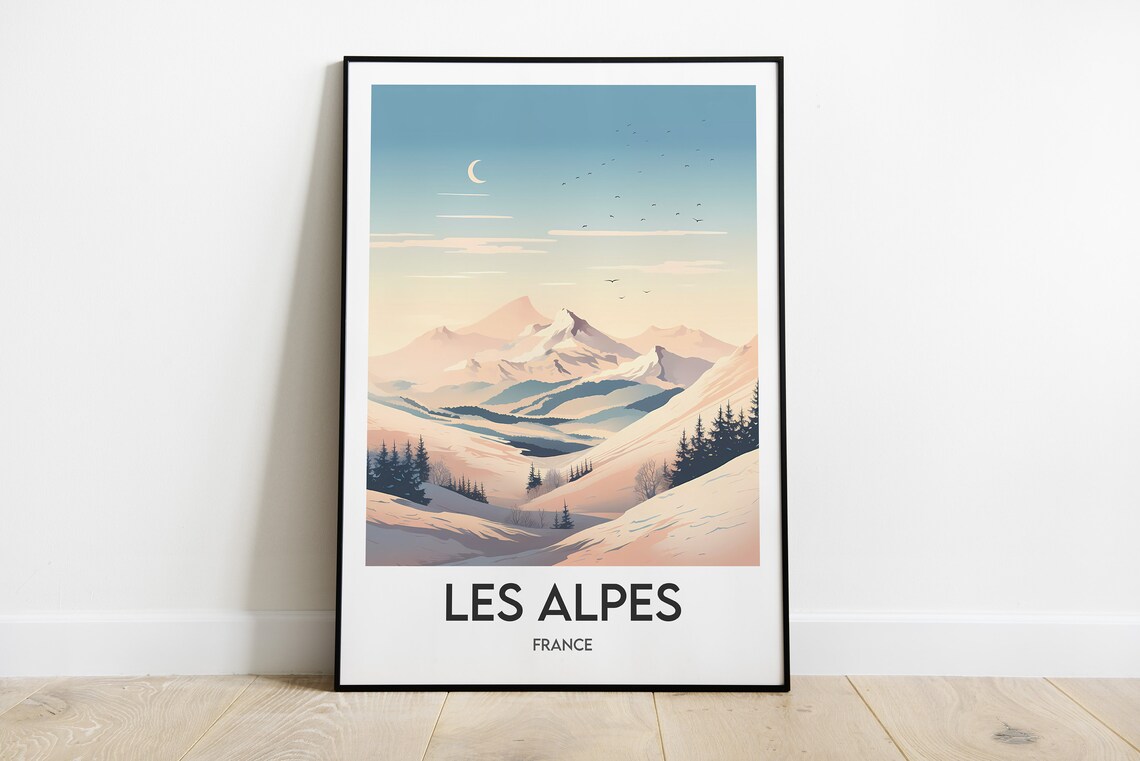 Les Alpes Snowy Mountain Moonlight France Winter Travel Poster Art