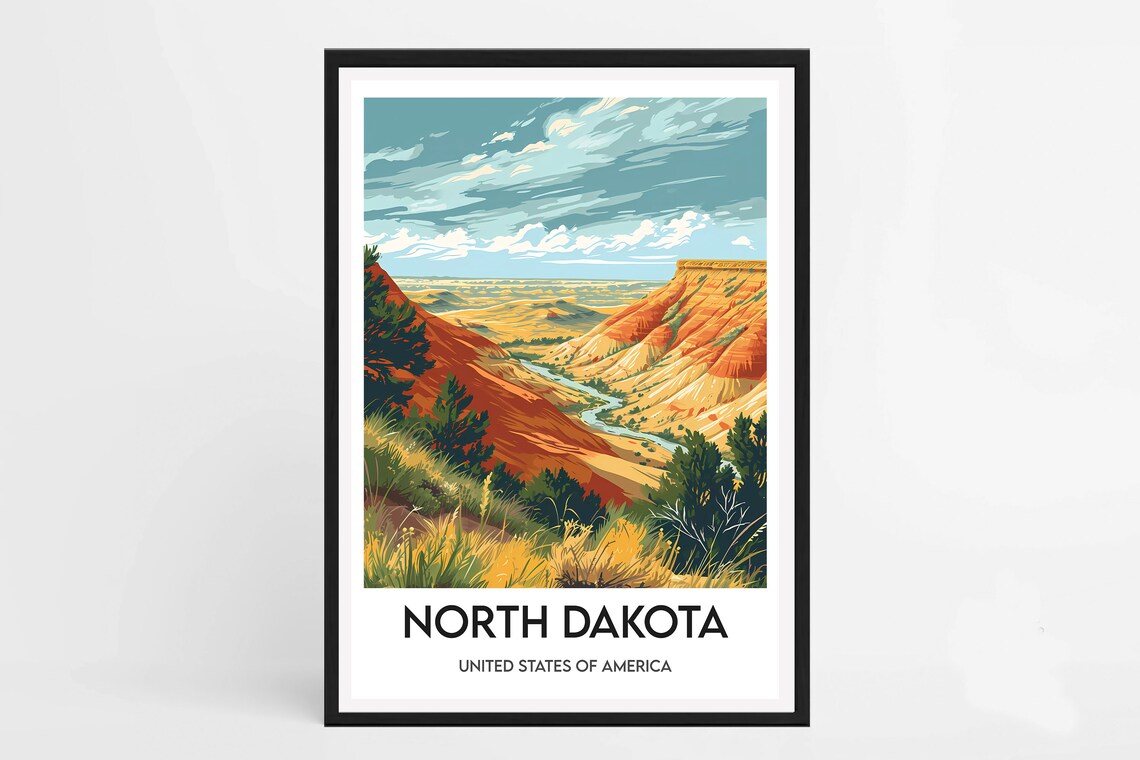 North Dakota Red Rock Badlands Canyon Scenic Vintage Travel Poster