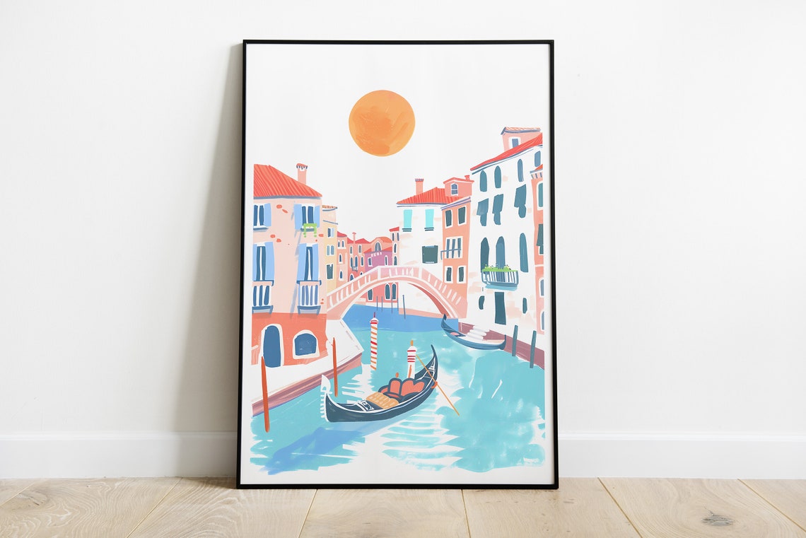 Venice Italy Canal Bridge Gondola Under Big Orange Sun Poster