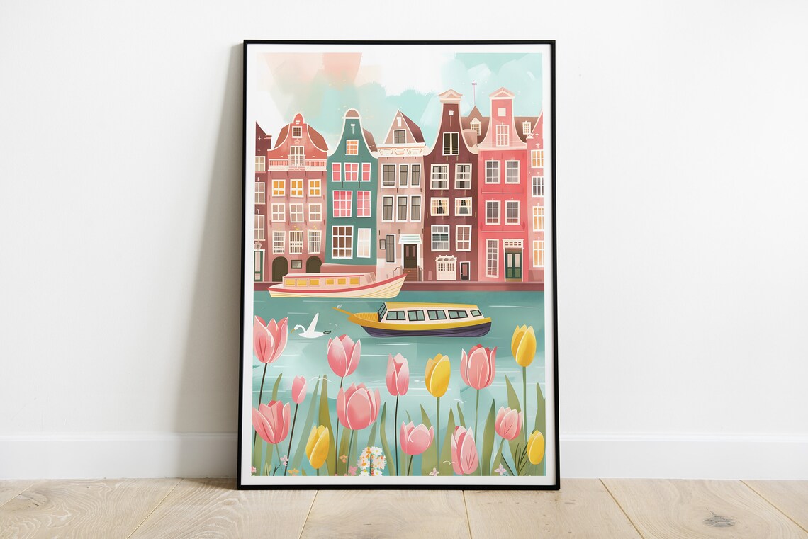 Amsterdam Canal Tour Boats Pink Yellow Tulips Waterfront Poster