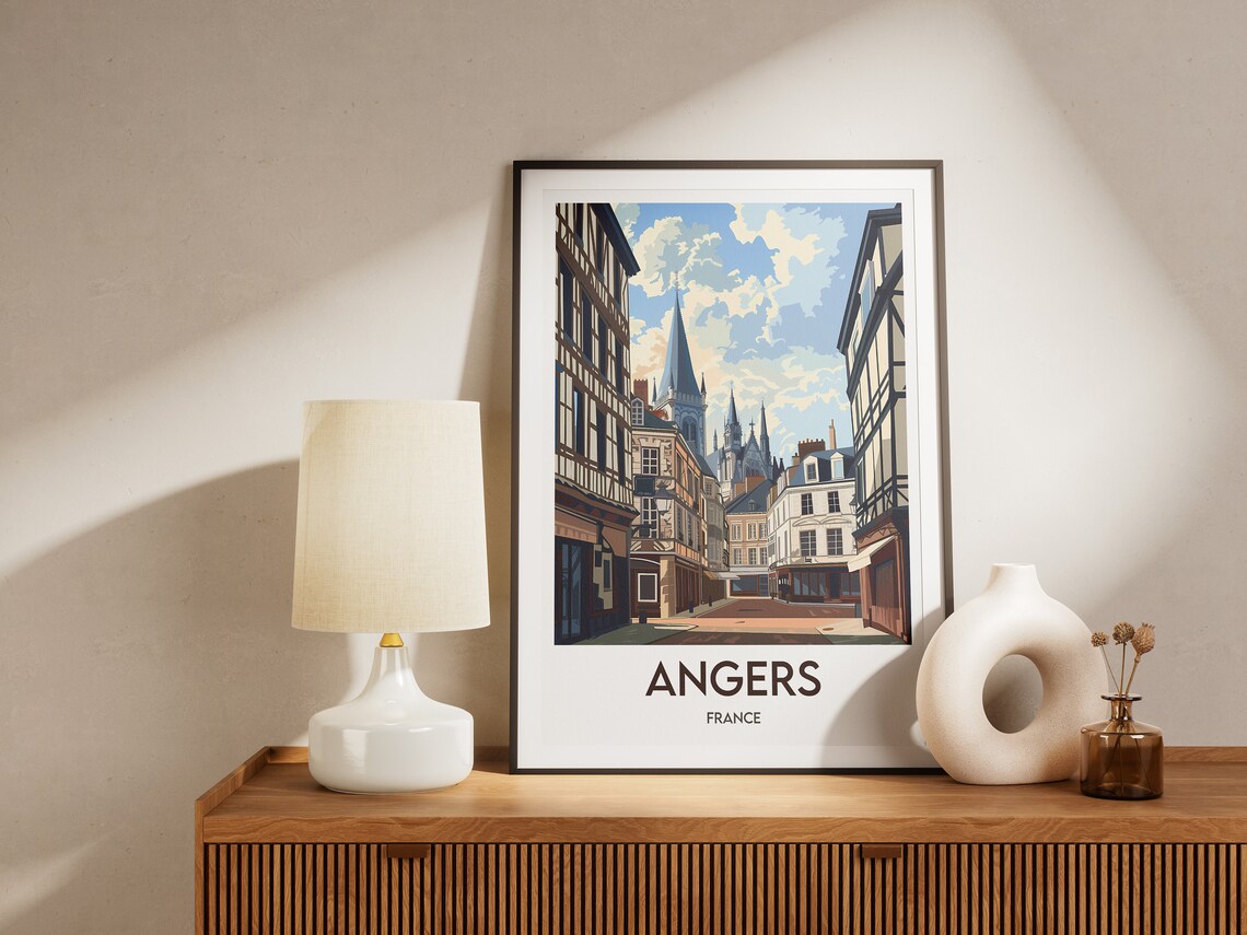 Angers Old Town Street Half Timbered Houses France Travel Poster - Image 2
