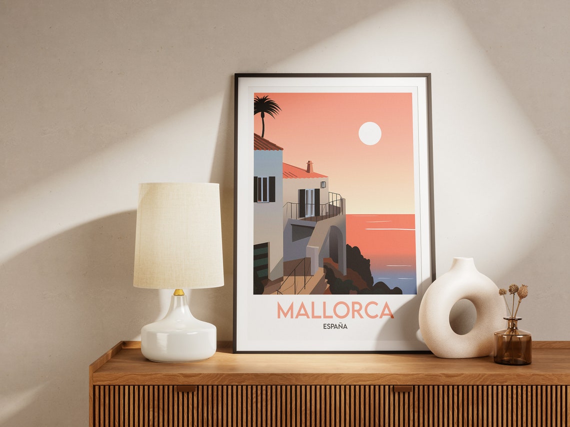 Mallorca Espana Coastal Villa Sunset Palm Seaside Travel Poster - Image 2