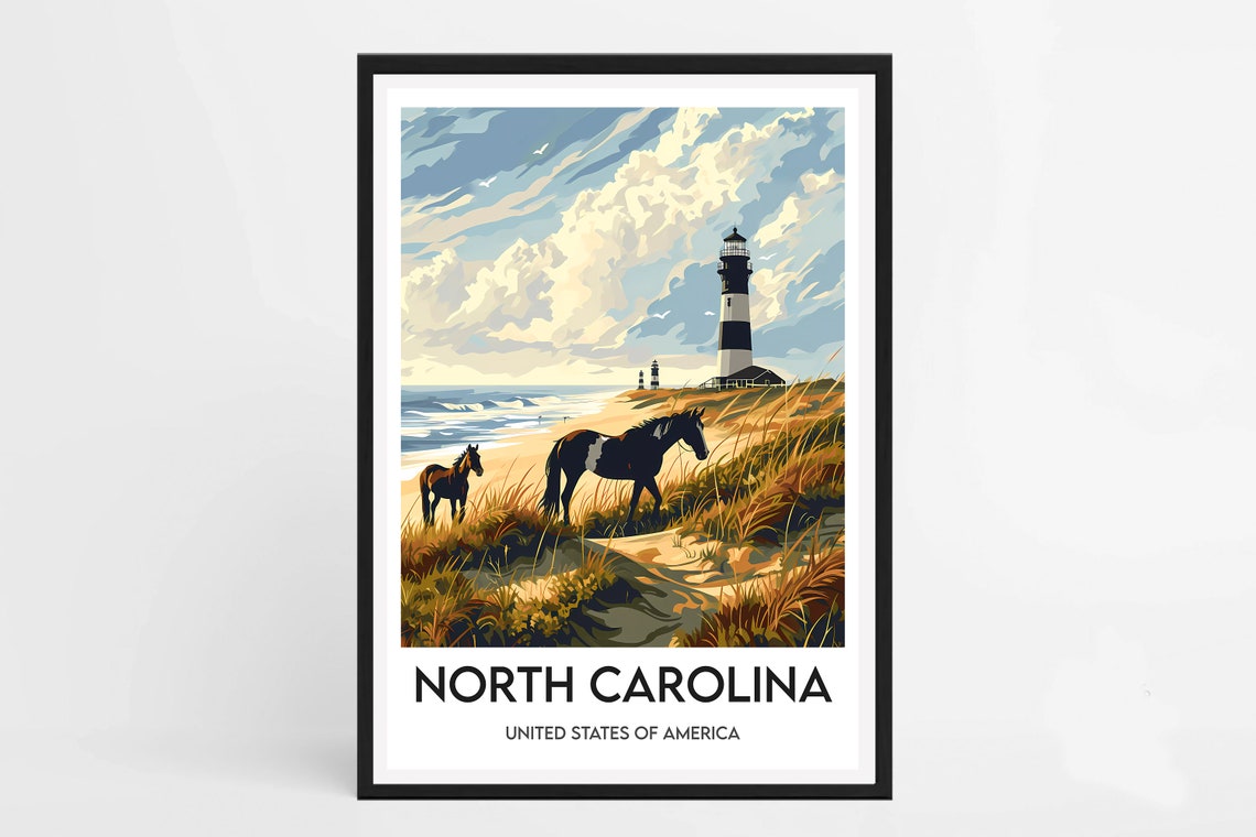 North Carolina Wild Horses Lighthouse Beach Illustration Travel Poster