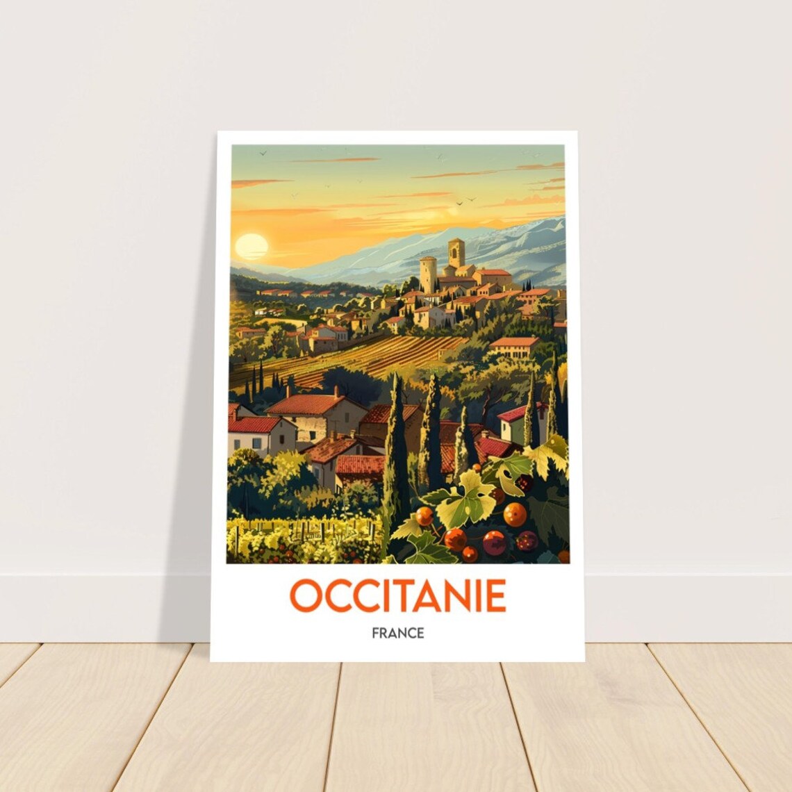 Occitanie France Sunset Vineyard Village Cypress Trees Poster - Image 2
