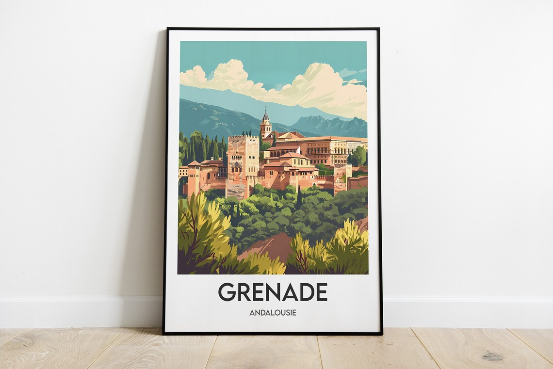 Grenada Andalusia Alhambra Palace Illustration Vintage Travel Poster