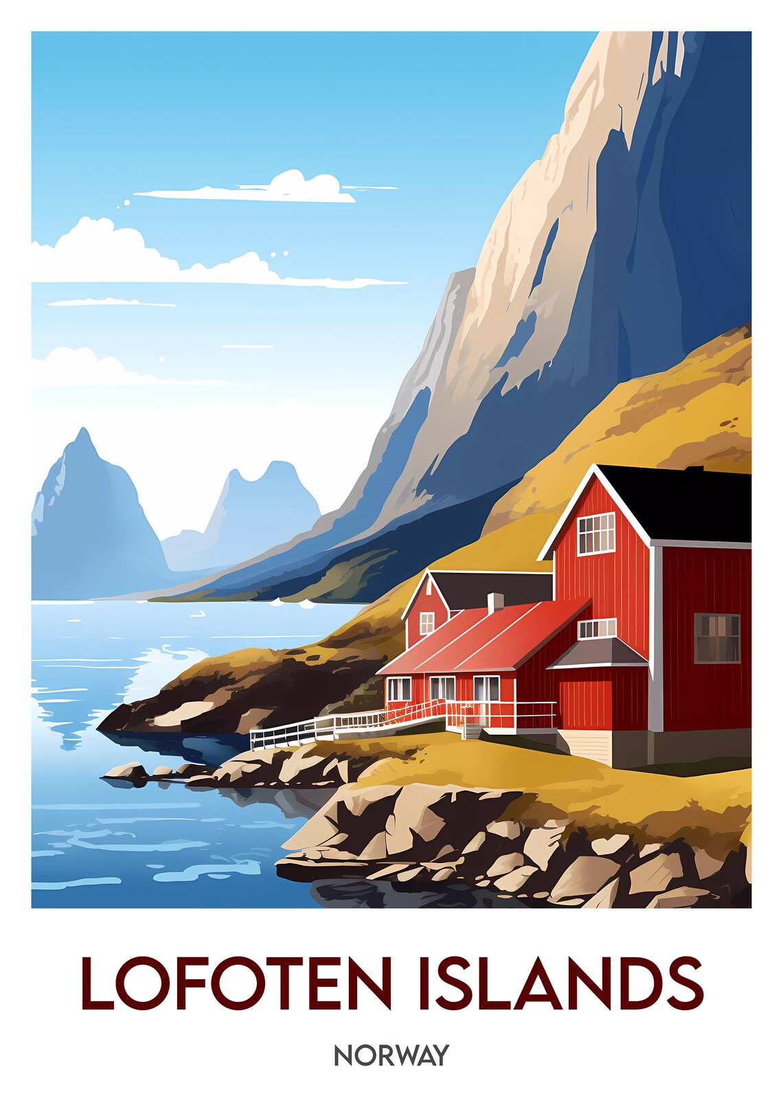 Lofoten Islands Norway Red Cabins Fjord Mountain Travel Poster - Image 2