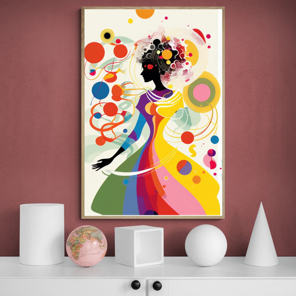Rainbow Silhouette Dancer with Floating Circles Pop Art Poster