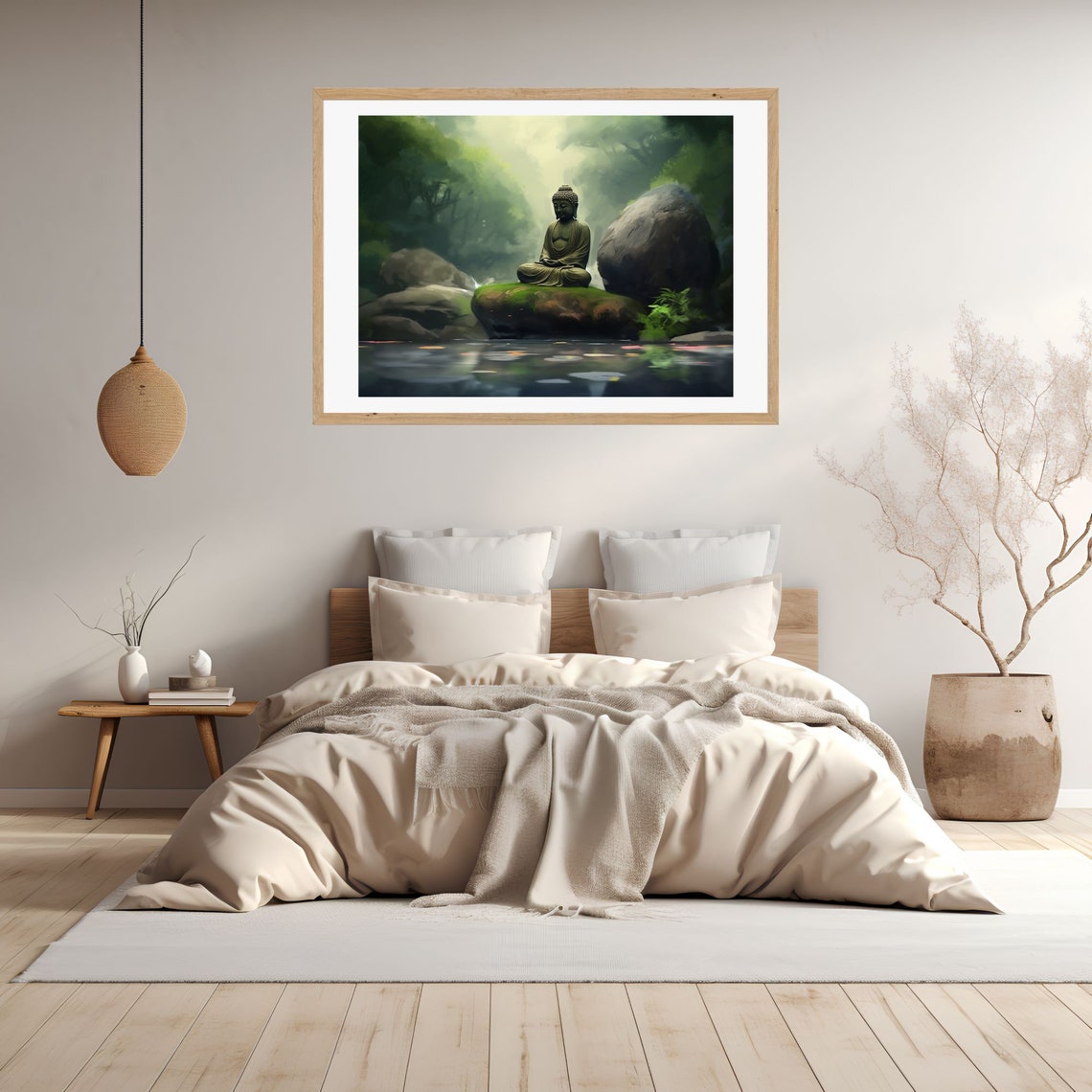 Buddha Meditating on a Mossy Rock by a Still Forest Pond Poster - Image 3