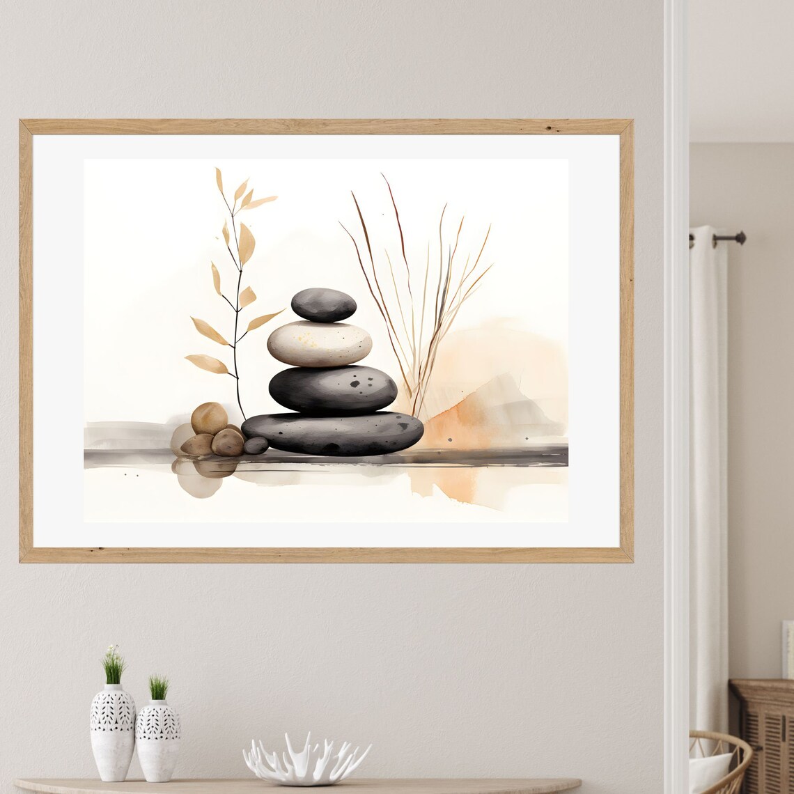 Stacked Zen Stones Cairn Minimalist Watercolor Meditation Wall Art