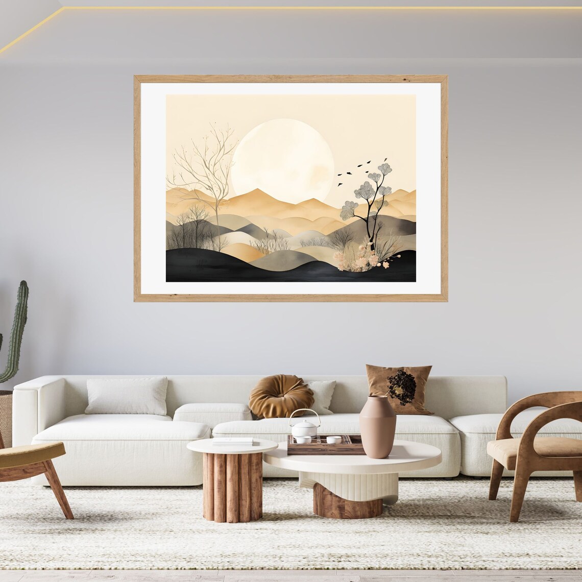 Minimalist Golden Watercolor Hills at Sunrise with Birds Poster - Image 2