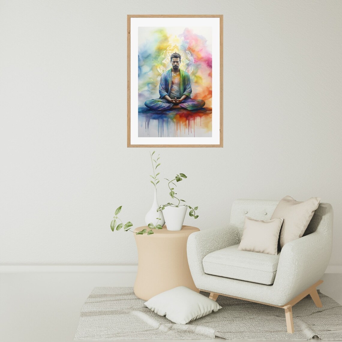 Meditating Man Rainbow Chakra Aura Watercolor Energy Wall Art - Image 2