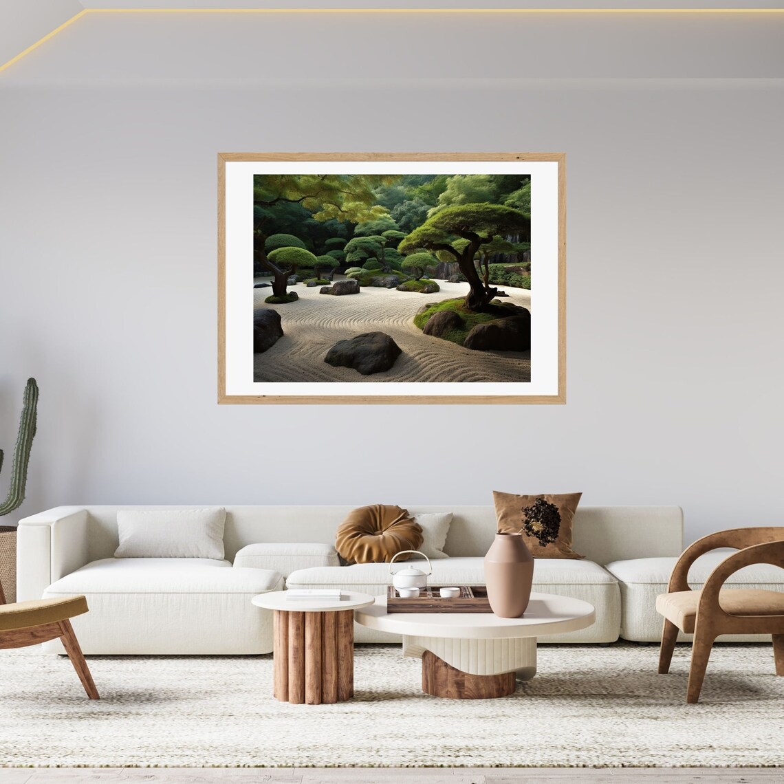 Japanese Zen Rock Garden Raked Sand Bonsai Pines Calm Poster