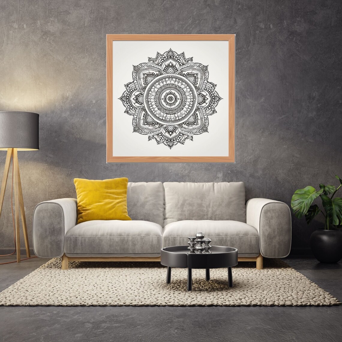 Intricate Black Ink Mandala on White Fine Line Detail Wall Art - Image 2