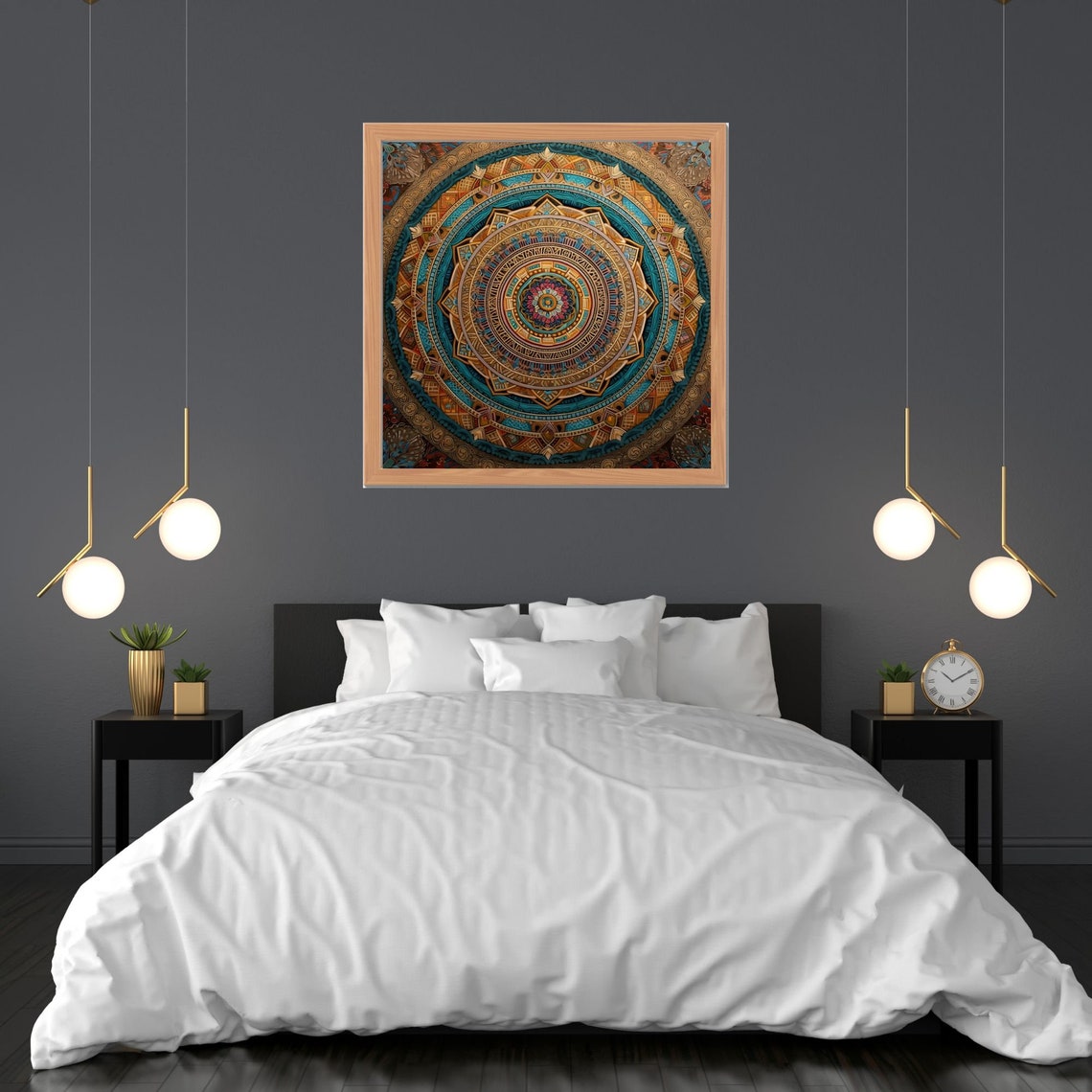 Ornate Circular Mandala in Teal Gold and Crimson Tones Poster - Image 3